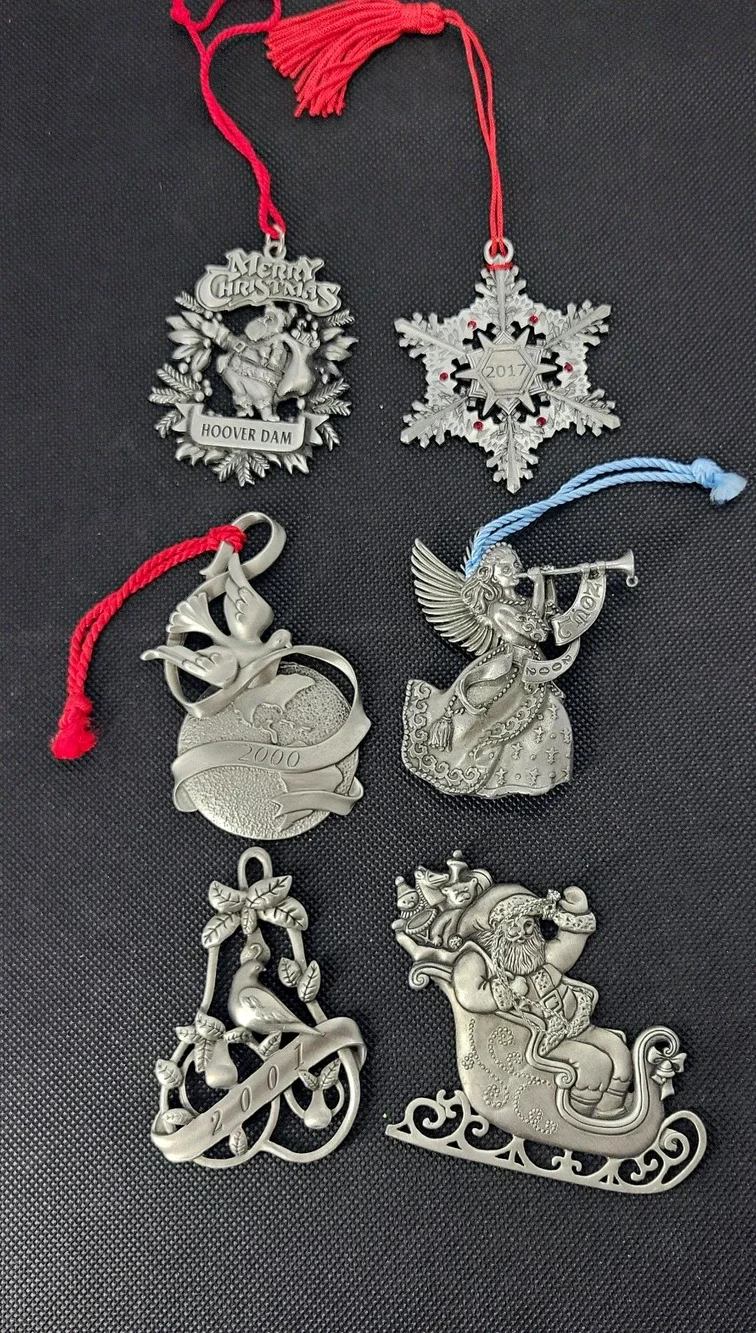 Lot of 6 Christmas Pewter Ornaments Avon Santa Angel 2000 2001 2002 2017